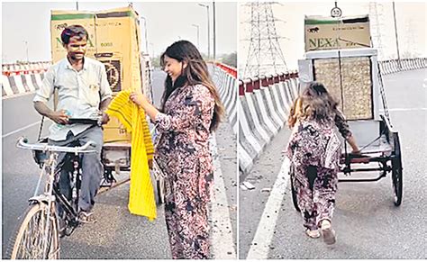 Woman Helps Rickshaw Puller Push Heavy Cart