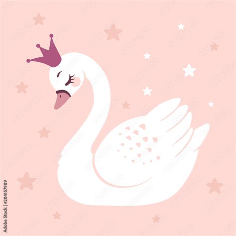 Cute Princess Swan On Pink Background Cartoon Hand Drawn Vector