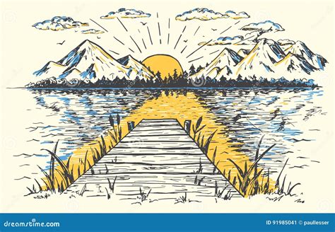 Lake Landscape Sketch, Water Vegetation Vector Illustration | CartoonDealer.com #163557626