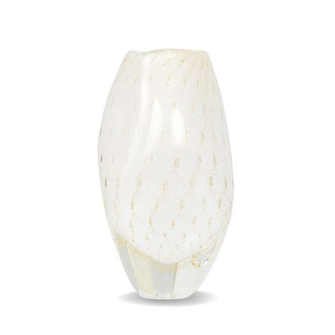 Vaso de Murano Roca Tela Branco Ouro 24k Cristais Cá d Oro 10x20