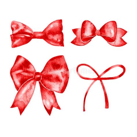 Watercolor Red Satin Bow Set Hand Painted Illustration Stock