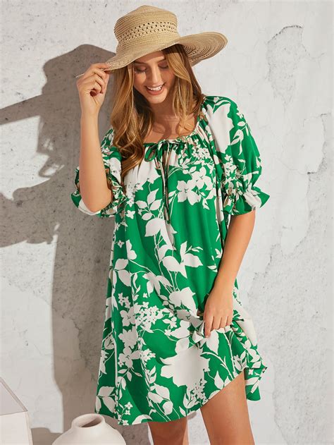 Shein Vcay Floral Print Flounce Sleeve Tie Front Dress Shein Usa