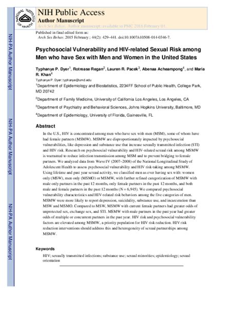 Pdf Psychosocial Vulnerability And Hiv Related Sexual Risk Among Men