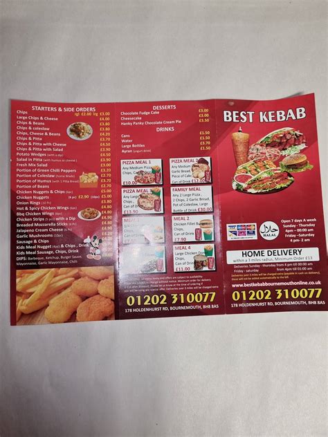 Carta De Comida Rápida Best Kebab And Pizza Takeaway Bournemouth