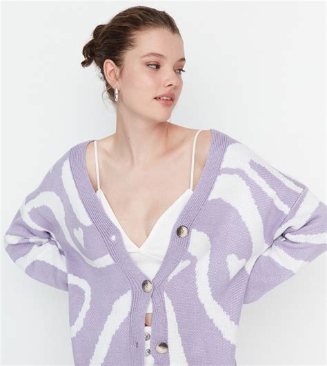 Buy Trendyol Heart Jacquard Long Knitwear Cardigan In Lilac 6thstreet Uae