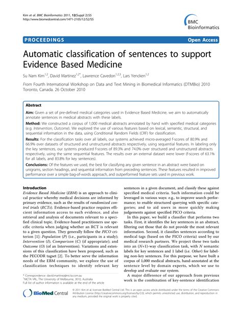 PDF Automatic Classification Of Sentences To Support Evidence Based