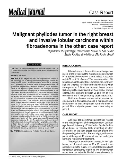 Pdf Malignant Phyllodes Tumor In The Right Breast And Invasive