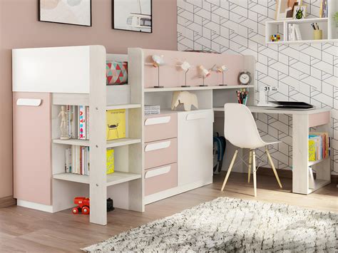 Lit Combin X Cm Avec Bureau Et Rangement Rose Blanc Et Naturel