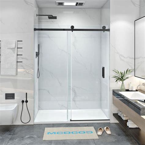 Mcocod 48 In W X 76 In H Single Sliding Frameless Shower Door In Matte Black With Smooth