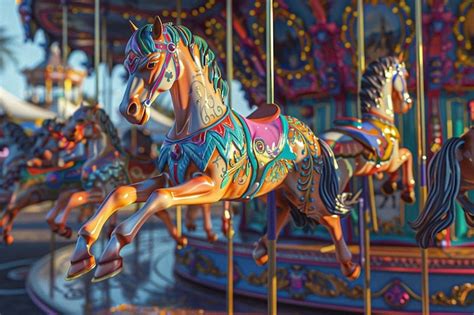 Premium Photo Whimsical Carousel With Brightly Painted Horses Oc