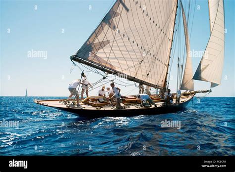 Vintage Sailing Boat In A Race At The Mediterranean Sea Menorca Stock