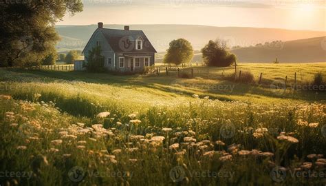 Tranquil Sunset Over Rustic Farmhouse In Idyllic Meadow Environment