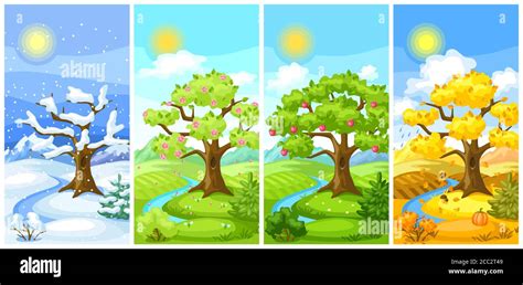 seasons landscape illustration  trees mountains  hills