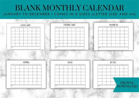 blank calendars with the words blank month and months in black on white ...