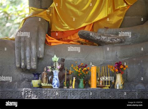 Buddha Statue In Earth Touching Pose With Offerings Siem Reap