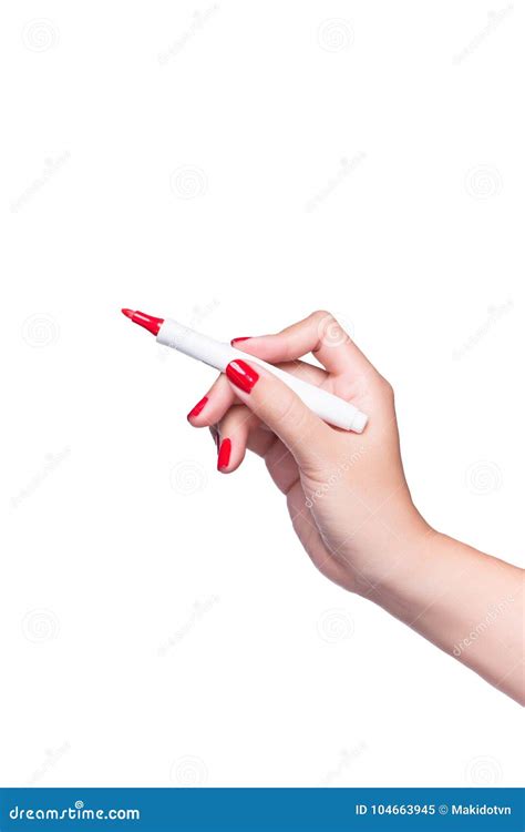 Female Hand With Red Nail Write Something With Marker Isolated O Stock