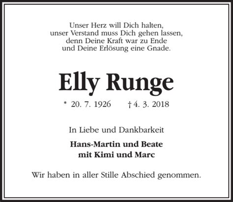 Traueranzeigen Von Elly Runge Trauer Anzeigen De