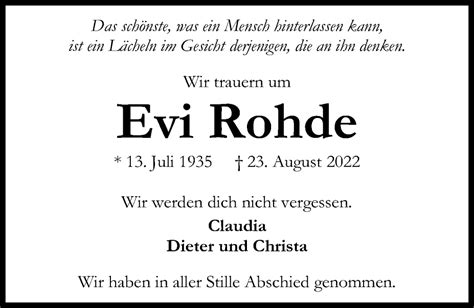 Traueranzeigen Von Evi Rohde Trauer Anzeigen De