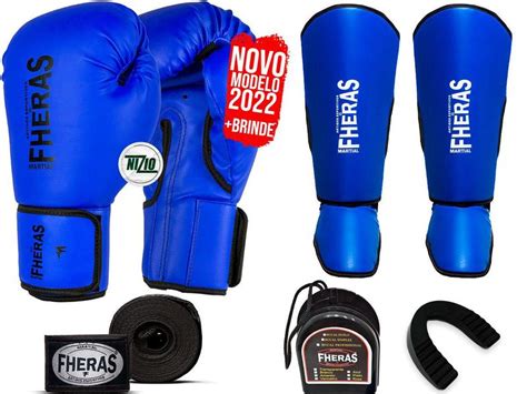 Kit Muay Thai Mma Luva Bandagem Bucal Gladiadora Azul Oz Fheras