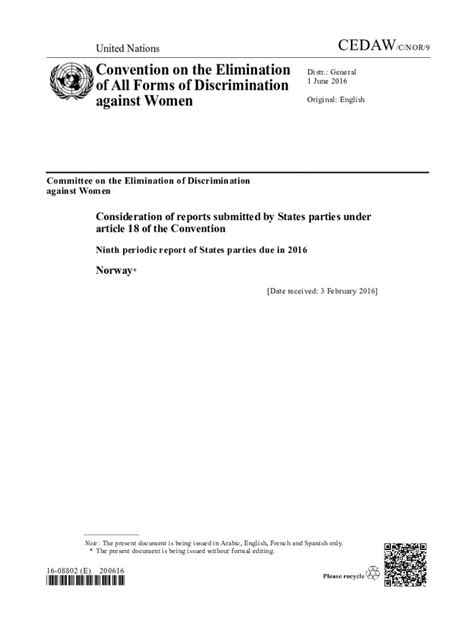 Fillable Online CEDAW C NOR 9 Convention On The Elimination Of All