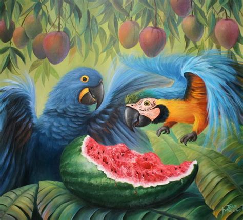 El arte es su máxima expresión Cuadros de coloridas guacamayas al óleo