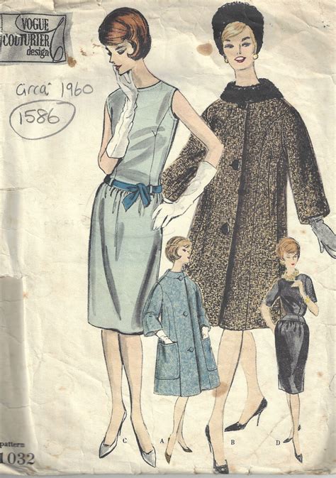 1960 Vintage VOGUE Sewing Pattern B34 COAT DRESS SCARF 1586 The