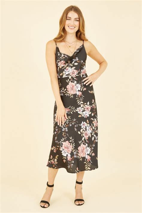 Yumi Black Satin Floral Cowl Neck Slip Dress Yumi