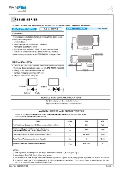 P Smb Ca Datasheet Surface Mount Transient Voltage Suppressor