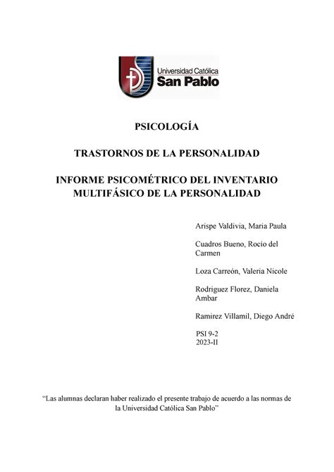 Informe Psicométrico C H M V PSICOLOGÍA TRASTORNOS DE LA