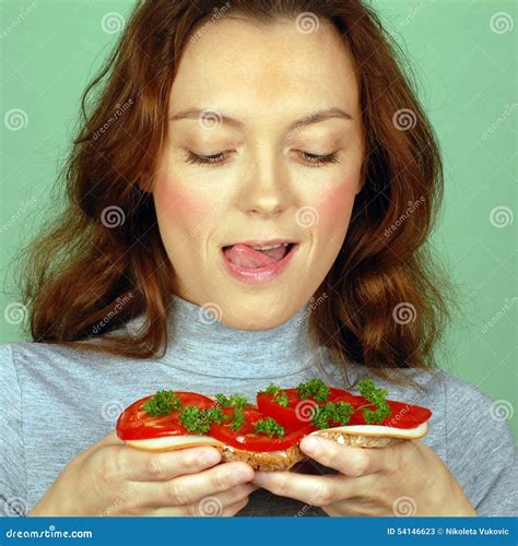 Hungry Woman Holds Sandwich Stock Image Image Of Sandwich Hungry 54146623