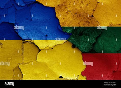 Flags Of Ukraine And Lithuania Painted On Cracked Wall Stock Photo Alamy