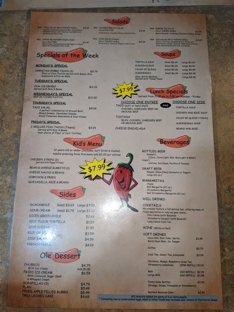 Menu at Ole' Mexican Grill restaurant, Tucson