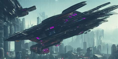 Cyberpunk Spaceship Hovering Over Fields And Small Stable Diffusion