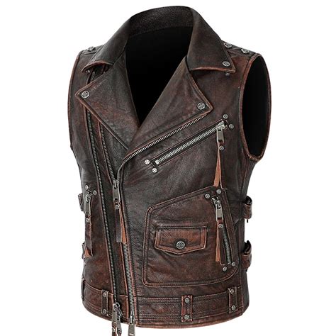 Natural Genuine Leather Motorcycle Vest For Men Spring Vintage Brown