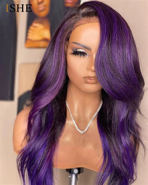 Ombre Lace Front Wig Highlight Colored Human Hair Wigs Body Wave Purple Color Wigs 13x4 Lace