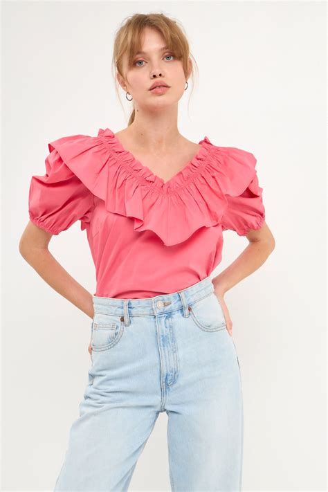 Ruffle Detail Puff Sleeve Top English Factory