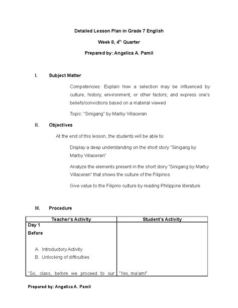 Grade 8 English Detailed Lesson Plan