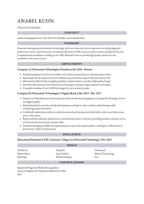 Ultrasound Technologist Resume (CV) Example and Writing Guide