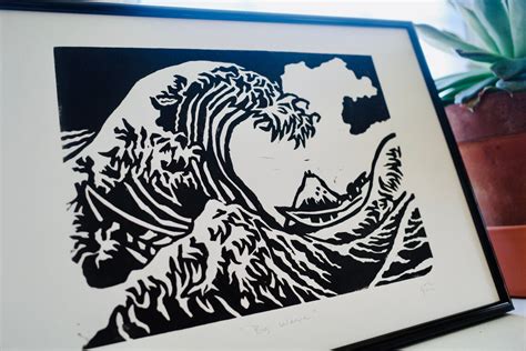 Big Wave Linocut Original Print A Size Etsy Uk