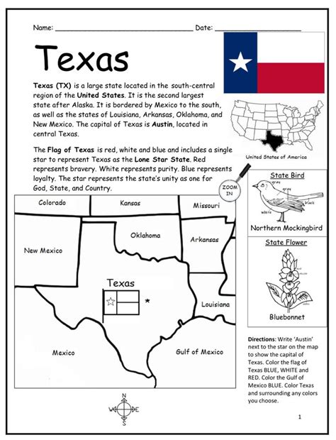 Texas Introductory Geography Printable Worksheet With Map And Flag