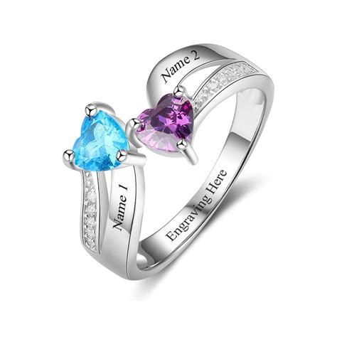 Double Heart Birthstone Ring For Her Personalized With 2 Etsy