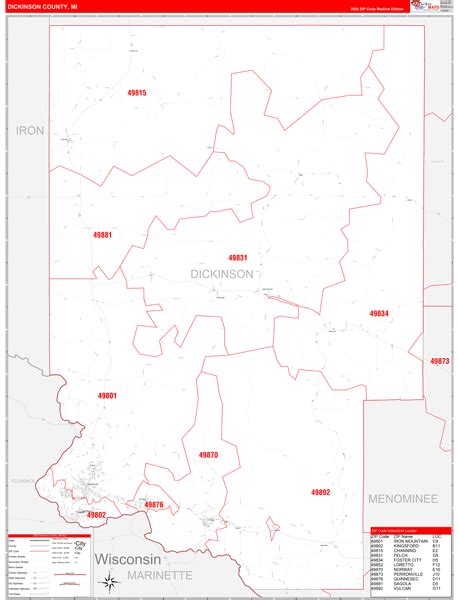 Dickinson County Mi Zip Code Wall Map Red Line Style By Marketmaps Mapsales