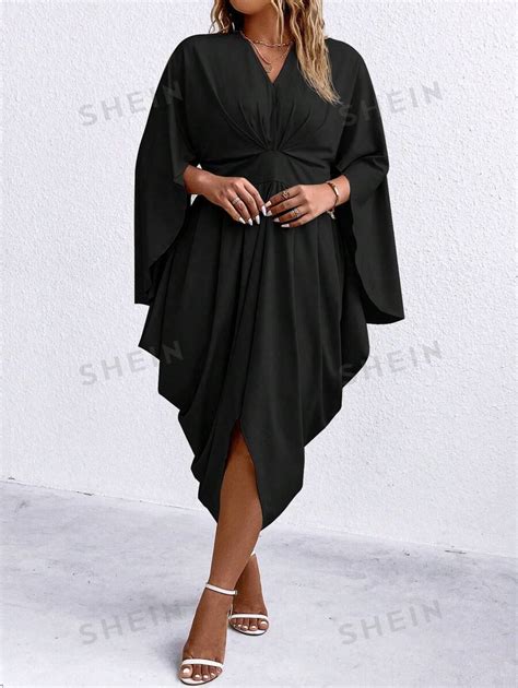 Shein Clasi Plus Solid Batwing Sleeve Twist Front Asymmetrical Hem Dress Shein Usa