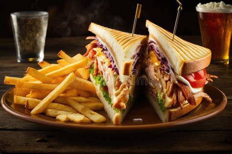 Delicious Club Sandwich With French Fries At A Diner Stock Illustration