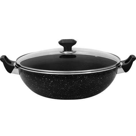 Bartan Cooking Wok Karahi Kadhai With Glass Lid And Spoon 3 Ply Marble