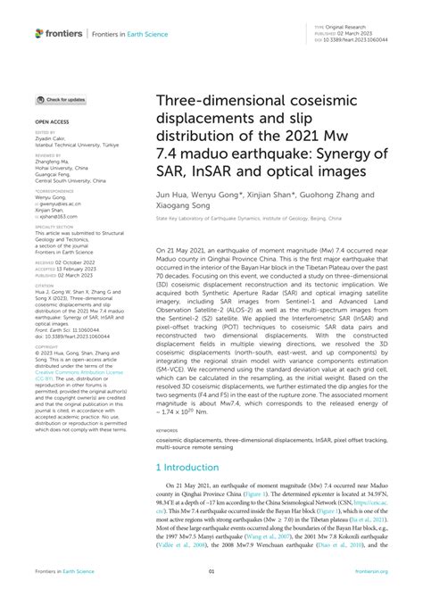 Pdf Three Dimensional Coseismic Displacements And Slip Distribution