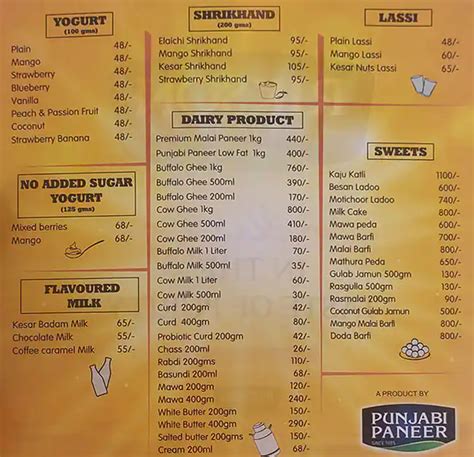 Menu Of Punjabi Paneer Vashi Navi Mumbai