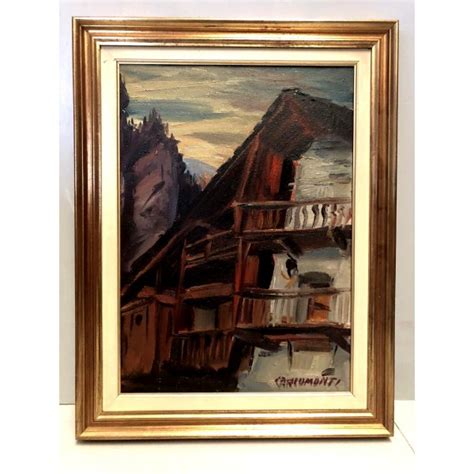 Quadro Olio Tela Carlo Monti Scorcio Paesaggio Montano Borgo Baita Arona