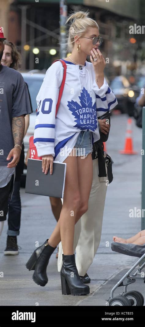 Hailey Baldwin Shows Off Her Legs Wearing A Toronto Maple Leafs Jersey