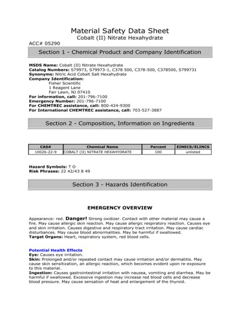 Material Safety Data Sheet Cobalt (II) Nitrate Hexahydrate ACC